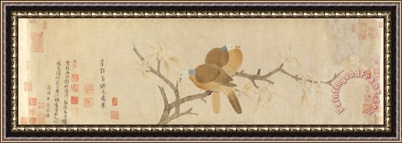 Qian Xuan Doves And Pear Blossoms After Rain Framed Print