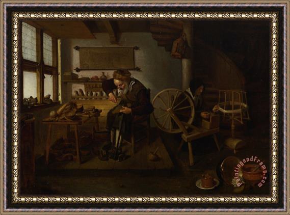 Quiringh Gerritsz. Van Brekelenkam A Cobbler at Work with His Wife Spinning Wool Framed Print