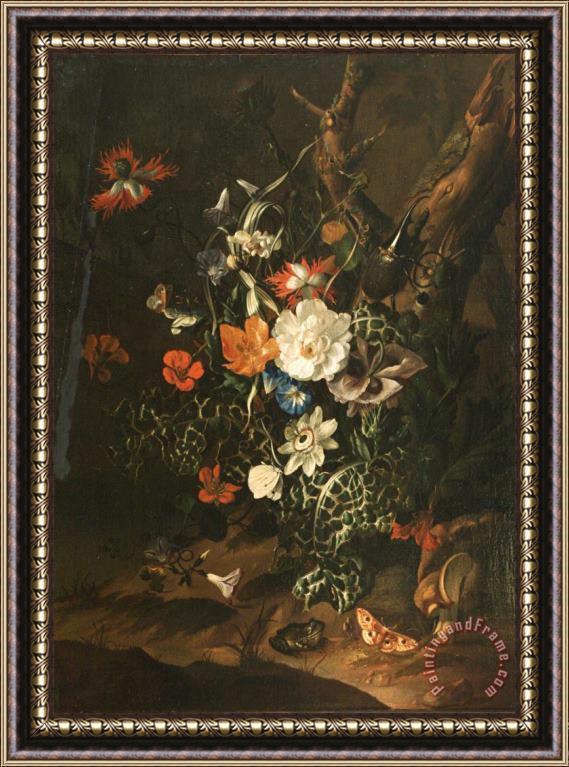 Rachel Ruysch A Sylvan Scene with Flowers Framed Painting
