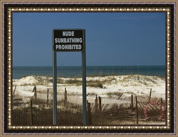 Raymond Gehman A Sign on a Public Beach Warns of No Nude Sunbathing Framed Print