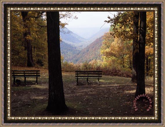 Raymond Gehman Benches Beckon Rest And Provide a Scenic View of Manns Creek Gorge Framed Painting