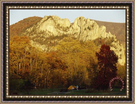 Raymond Gehman Campers at Their Tent at The Base of a 900 Foot High Seneca Rocks Framed Print