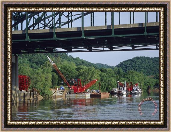 Raymond Gehman Construction Site And Equipment Near a Bridge on The Kanawha River Framed Painting