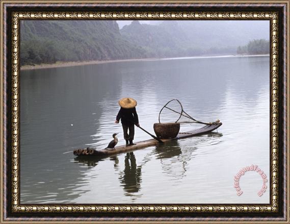 Raymond Gehman Cormorant Fisherman on Bamboo Raft Li River Guilin Guangxi China Framed Painting