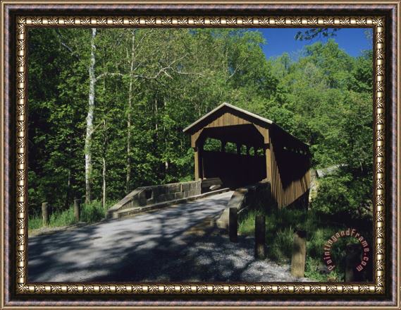 Raymond Gehman Covered Wooden Bridge in a Woodland Setting Framed Painting
