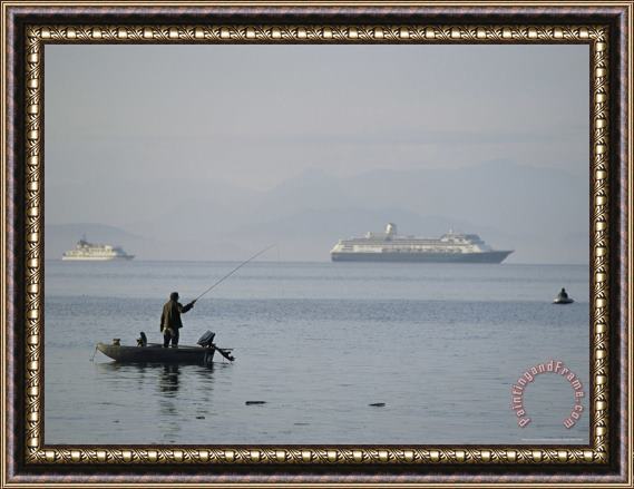 Raymond Gehman Cruise Ships Pass by a Man Out Fishing on a Hazy Morning Framed Painting
