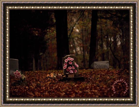 Raymond Gehman Flowers at a Tombstone in a Cemetery Near a Forest Framed Painting