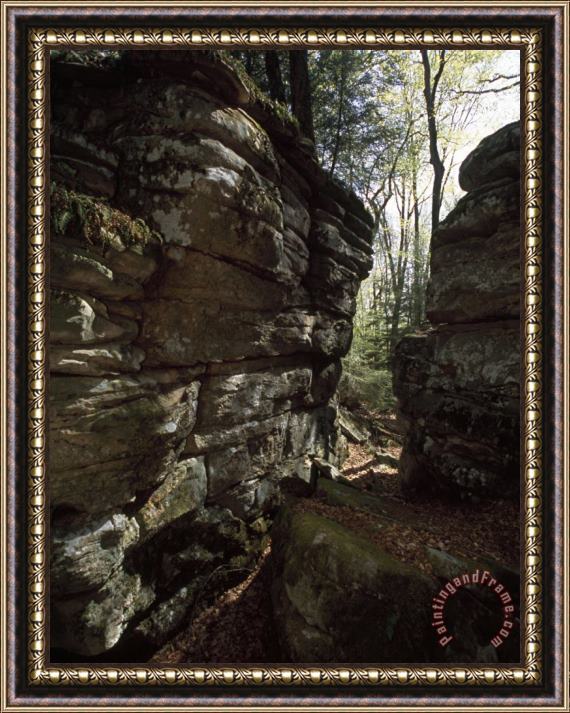 Raymond Gehman Gap Between Large Boulders Creates a Narrow Woodland Path Framed Print
