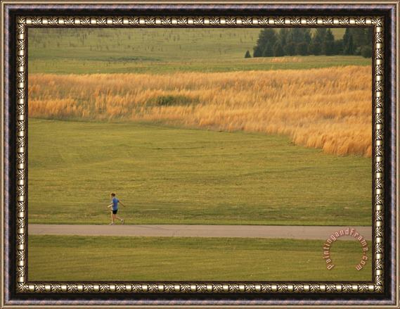 Raymond Gehman Jogger Running on a Path Through a Big Meadow Framed Painting