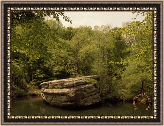 Raymond Gehman Large Boulder Over Hanging a Forest Waterway Framed Print