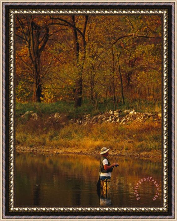 Raymond Gehman Man Standing in Calm Water Trying His Luck Fishing Framed Painting