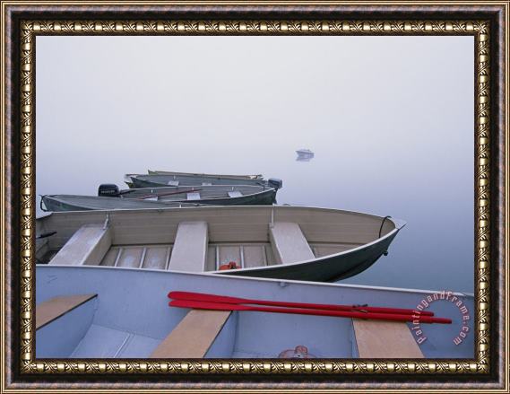 Raymond Gehman Morning Fog on Lake Mcdonald Keeps Rowboats at Anchor Framed Painting