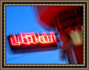 San Francisco, View From Coit Tower Framed Paintings - Neon Sign at Twilight Outside a Liquor Store in San Francisco by Raymond Gehman