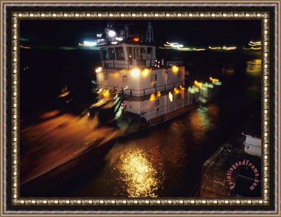 Raymond Gehman Night View of a Barge And It S Tug on The Kanawha River Framed Painting