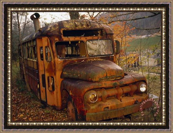 Raymond Gehman Old Rusting School Bus Sitting Among The Trees Framed Painting