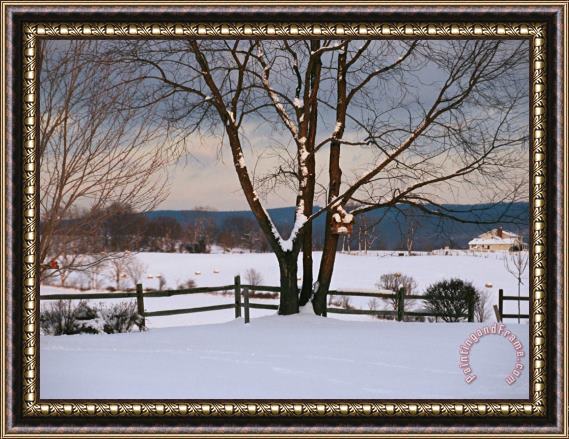 Raymond Gehman Pastoral View of a Farm Covered in Snow Framed Painting