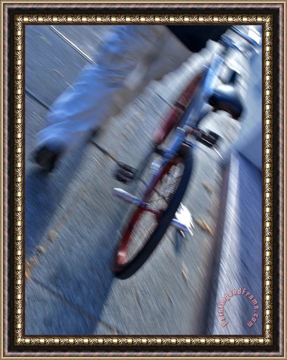 Raymond Gehman Person Walking with Bike Down City Street in San Francisco Framed Print