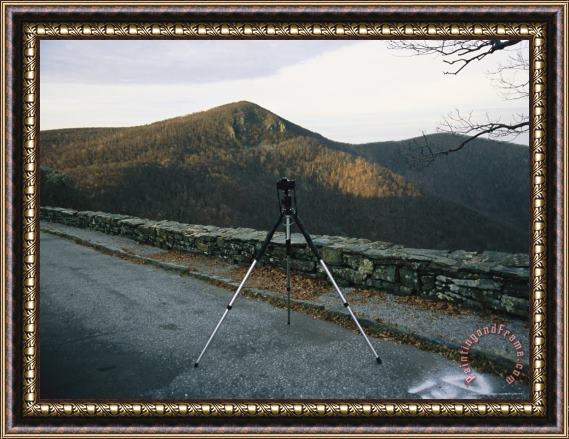 Raymond Gehman Photographers Camera And Tripod at Crescent Rock Overlook Hawksbill Mountain Beyond Framed Painting