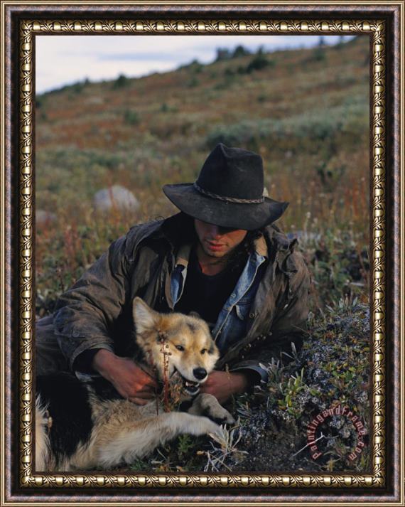 Raymond Gehman Portrait of a Wrangler with His Pet Dog in Jasper National Park Framed Print