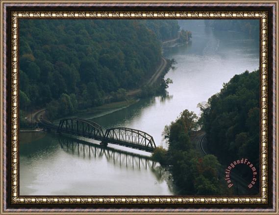 Raymond Gehman Railroad Bridge Over The New River And Tracks Running Along The Shore Framed Painting