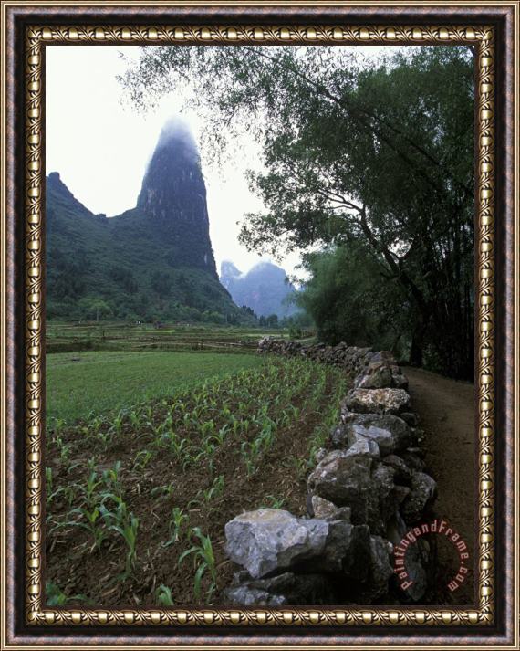 Raymond Gehman Rock Wall And Farm Fields Along The Li River Guilin Guangxi China Framed Print