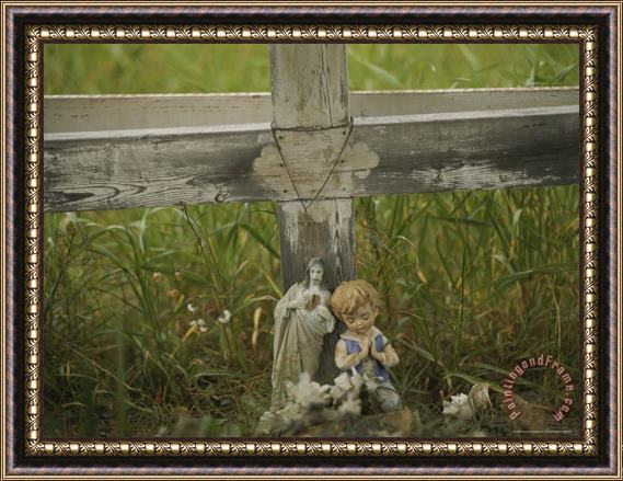 Raymond Gehman Small Statue And a Cross Draped with a Necklace Mark a Wayside Shrine Framed Painting