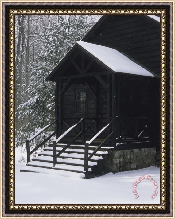 Raymond Gehman Snow Covered Steps to a Church in a Wooded Setting Framed Print