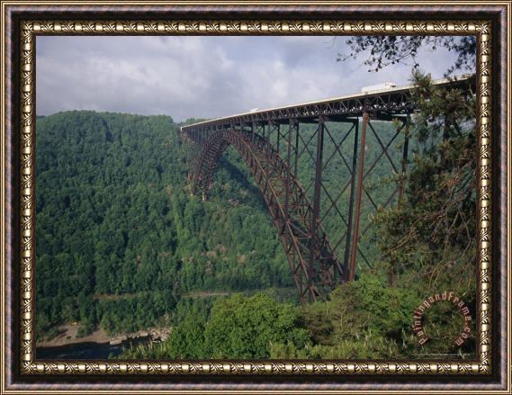 Raymond Gehman Trucks Passing Over The New River Gorge Bridge Framed Painting