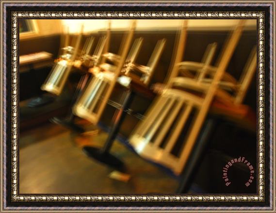Raymond Gehman Upside Down Chairs in a Closed Restaurant in San Francisco Framed Print