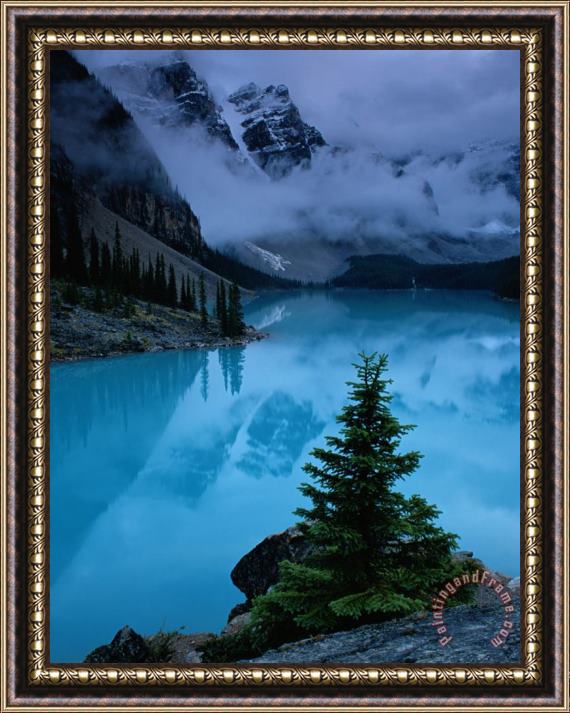 Raymond Gehman View of Moraine Lake with Low Lying Clouds at One End Framed Painting