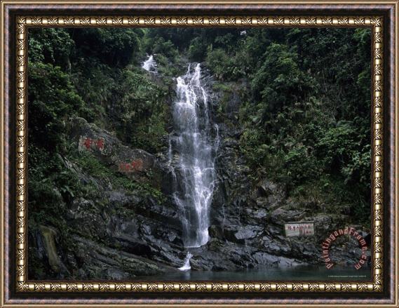 Raymond Gehman Waterfall Cascading Down Rock Face in Subtropical Rainforest Framed Painting