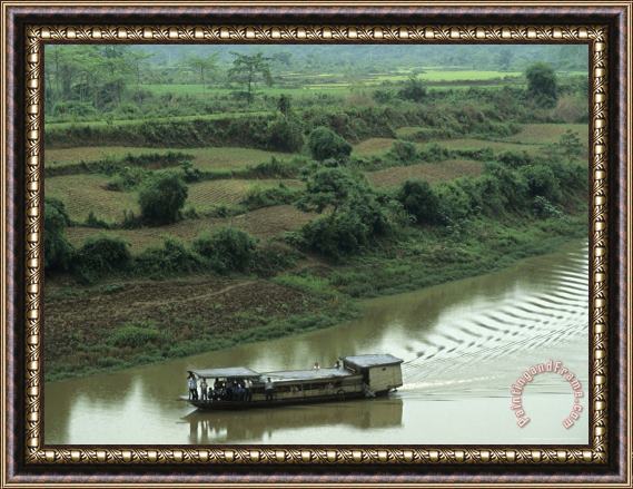 Raymond Gehman Workers on Boat Mingjiang River Farm Fields Behind Guangxi China Framed Painting