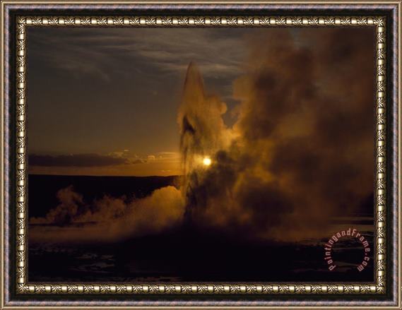 Raymond Gehman Yellowstone S Clepsydra Geyser Erupts in The Twilight Scene Framed Painting
