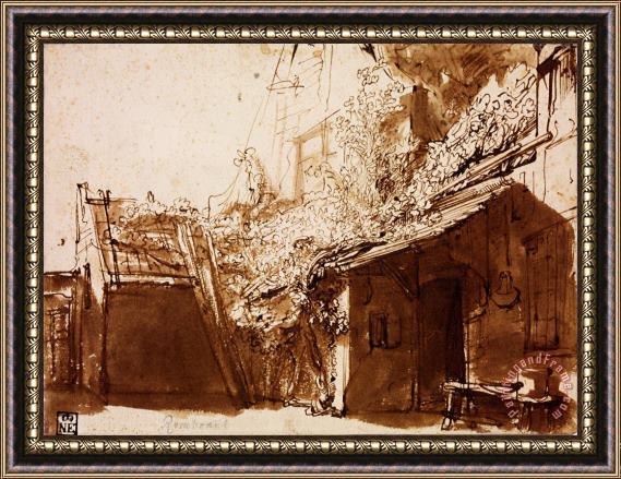 Rembrandt Harmensz van Rijn Dutch Farmhouse in Light And Shadow Framed Print
