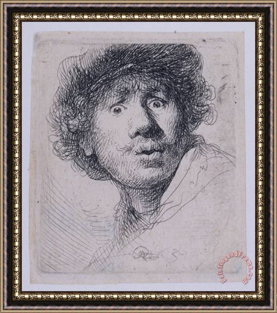 Rembrandt Self Portrait with a Cap, Openmouthed Framed Painting