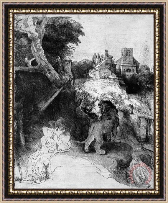 Rembrandt St Jerome Reading in an Italian Landscape Framed Painting