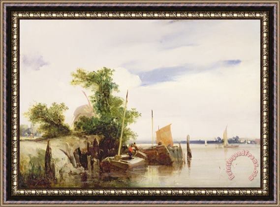 Richard Parkes Bonington Barges on a River Framed Painting