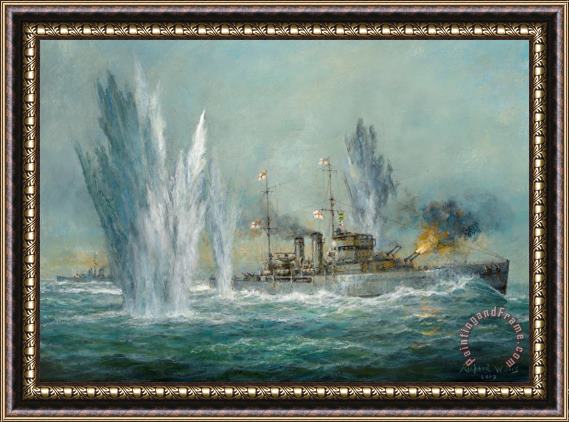 Richard Willis HMS Exeter engaging in the Graf Spree at the Battle of the River Plate Framed Print