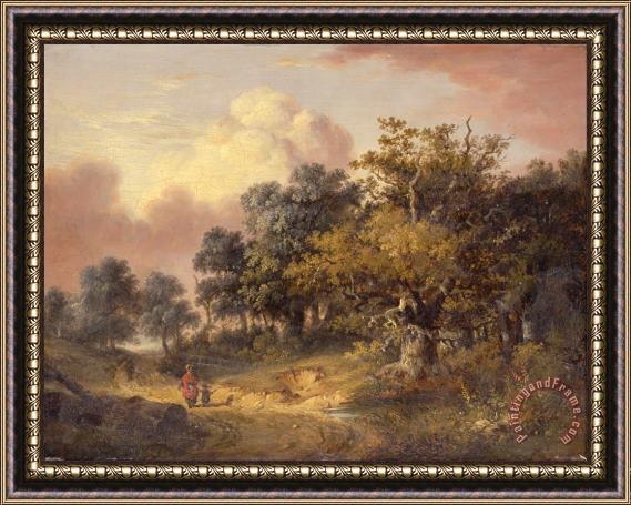 Robert Ladbrooke Wooded Landscape with Woman And Child Walking Down a Road Framed Painting