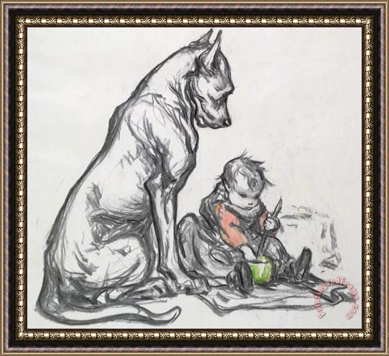 Robert Noir Dog And Child Framed Painting