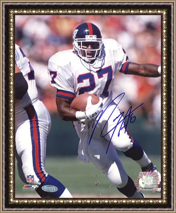 Rodney White Rodney Hampton Giants Rushing White Jersey Autographed Photo Hand Signed Collectable Framed Print