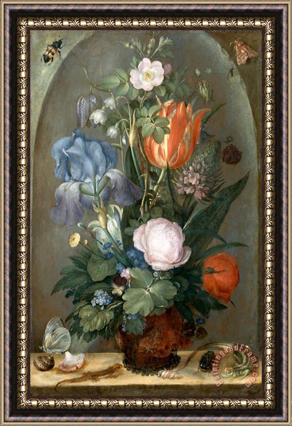 Roelant Savery Flower Still Life with Two Lizards Framed Painting