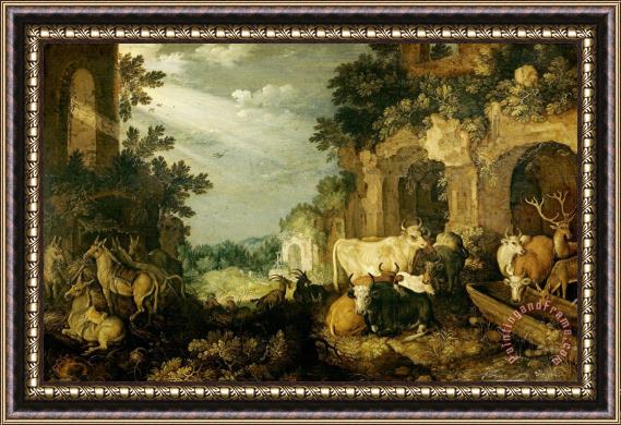 Roelant Savery Landscape with Ruins, Cattle And Deer Framed Print