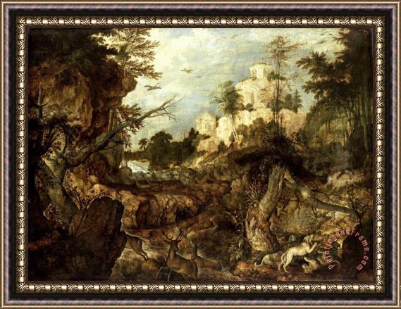 Roelant Savery Wild Boar Hunt in a Rocky Landscape Framed Painting