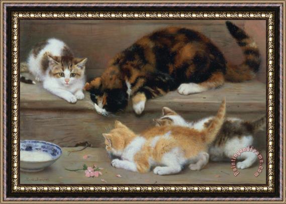 Rosa Jameson Cat and kittens chasing a mouse Framed Print