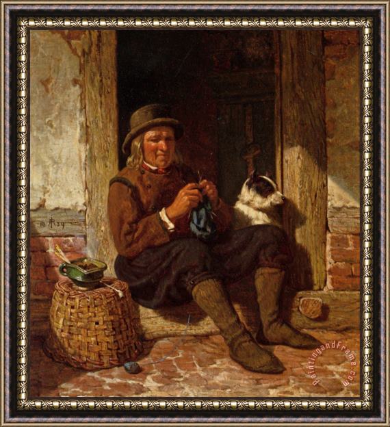 Rudolf Jordan A Man Seated in a Doorway Knitting with His Dog Framed Painting
