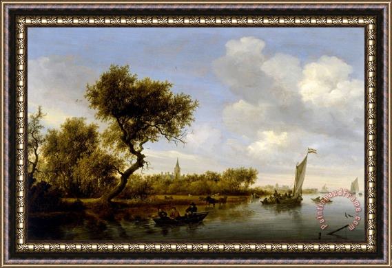 Salomon van Ruysdael River Landscape with a Church in The Distance Framed Print
