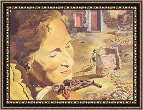 Salvador Dali Portrait of Gala with Two Lamb Chops Balanced on Her Shoulder Framed Painting