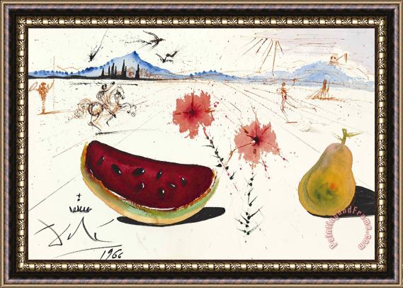 Salvador Dali Sans Titre (fleurs, Pasteque Et Poire Dans Un Paysage Ampurdanais), 1966 Framed Painting