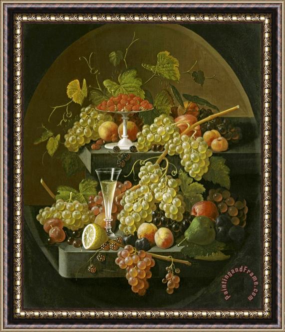 Severin Roesen Fruit And Wine Glass Framed Painting